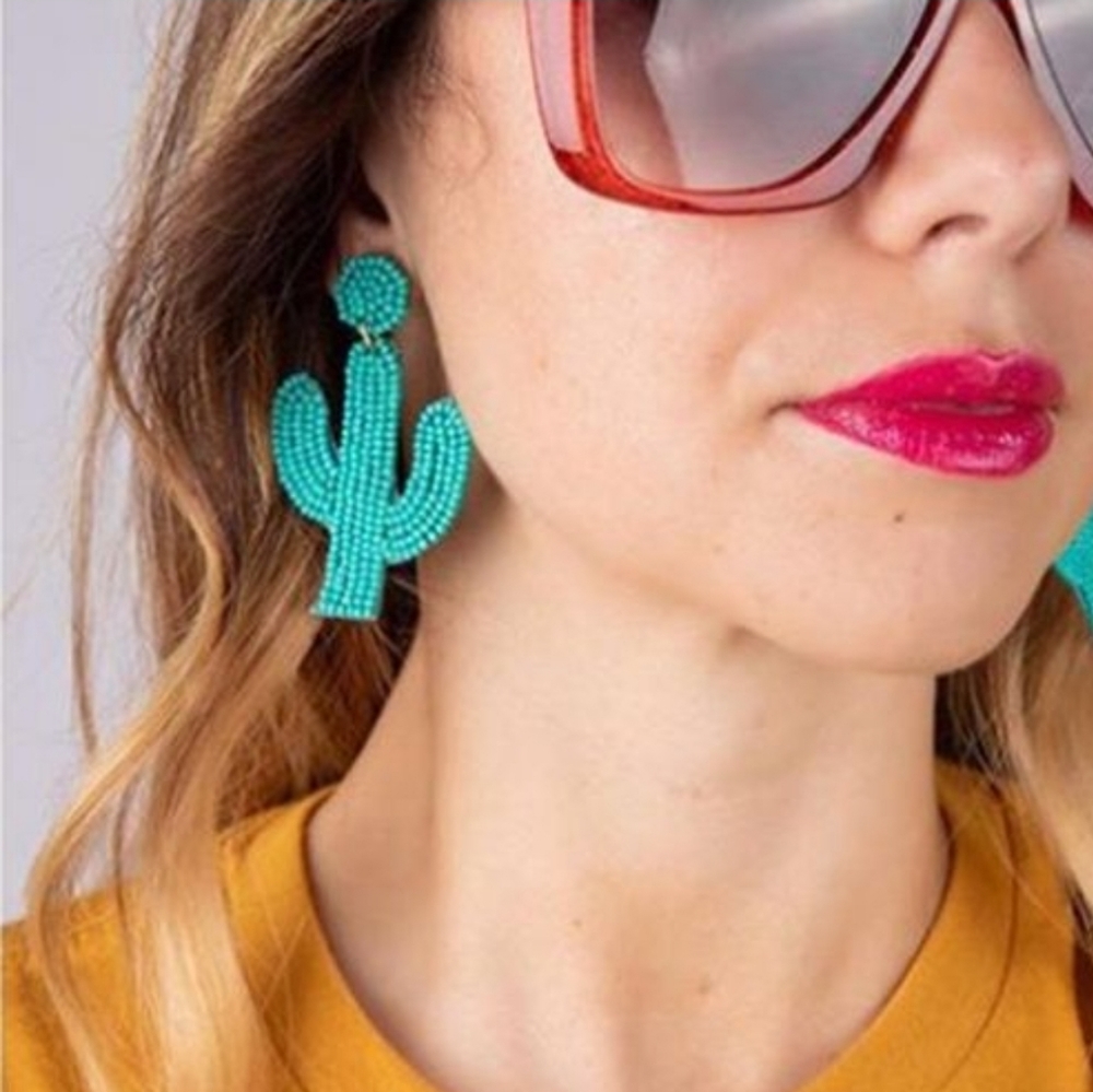Beaded Turquoise Cactus Dangle Earrings Fun Shaped Drop Felt Back Jewelry - Picture 3 of 3